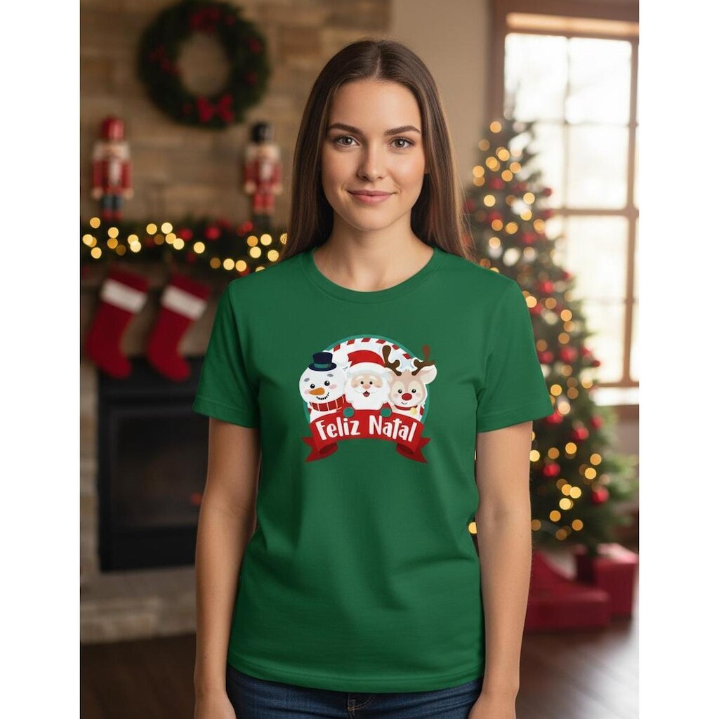 Camiseta Casual Unissex Feliz Natal Malha Leve e Macia em Algodão
