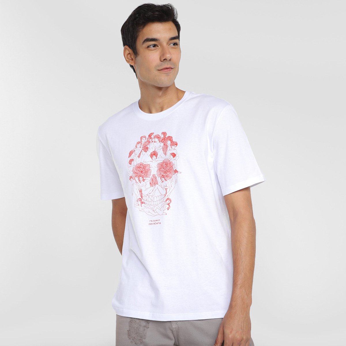 Camiseta Cavalera Comfort Caveira Corpos Masculina - Branco Menor preço em Camiseta Cavalera Comfort Caveira Corpos Masculina - Branco