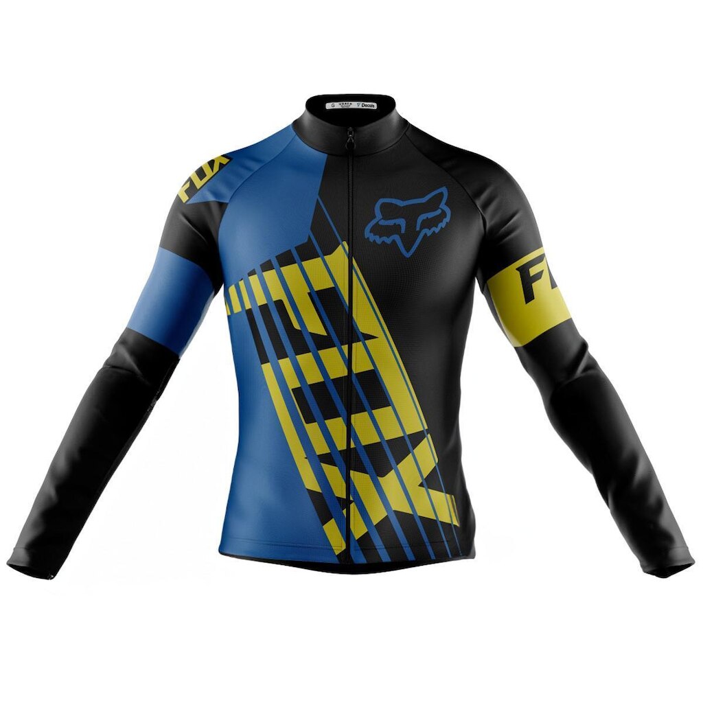 Camiseta Ciclismo Fox Azul Manga Longa Zíper Full Bike Fitness Decole