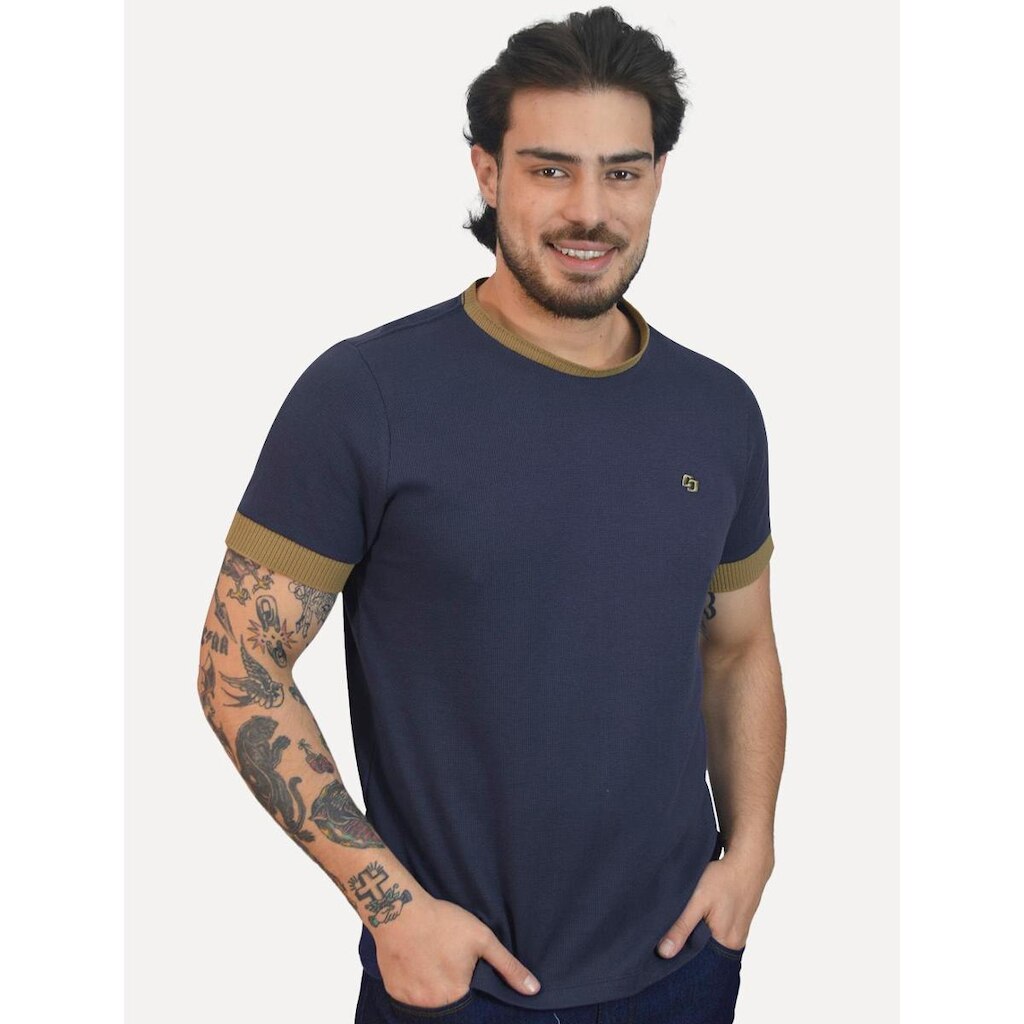 Camiseta Colcci Masculina Piquet Slim Texture Logo Azul Marinho