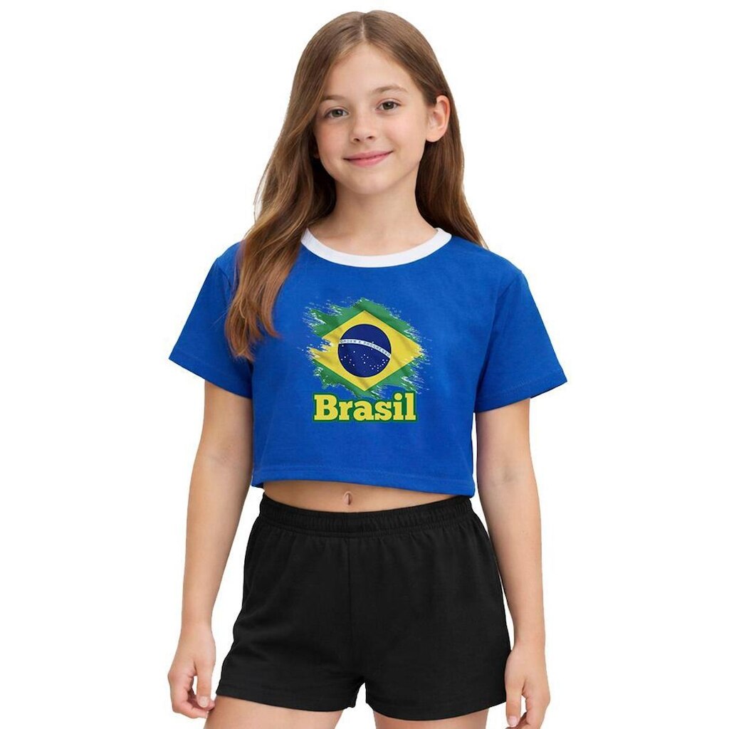 Camiseta Cropped Adulto Look Jeans Bandeira Brasil - M - AZUL