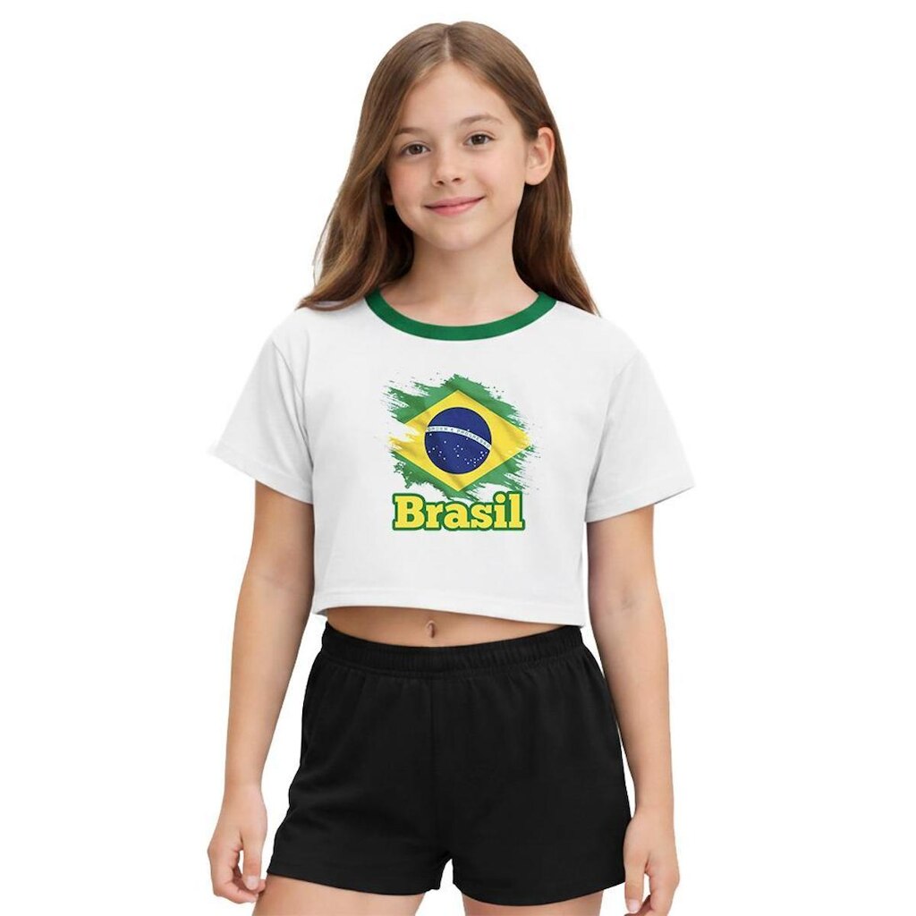 Camiseta Cropped Adulto Look Jeans Bandeira Brasil - M - AZUL