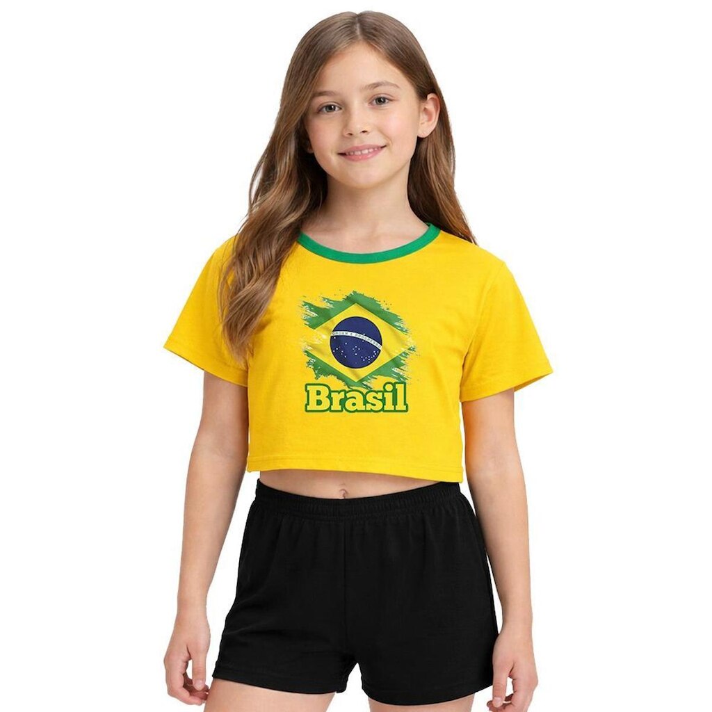 Camiseta Cropped Adulto Look Jeans Bandeira Brasil - M - AZUL