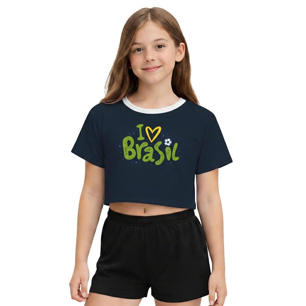 Camiseta Cropped Adulto Look Jeans I Love Brasil - P - MARINHO