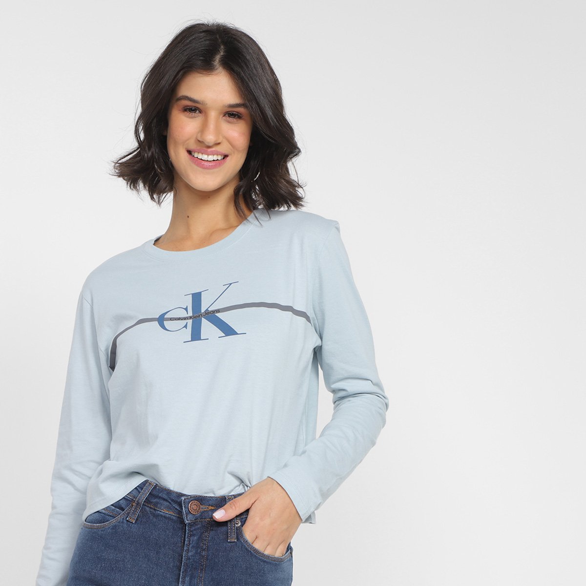 Camiseta Cropped Calvin Klein Re Issue Manga Longa Feminina - Azul Claro Menor preço em Camiseta Cropped Calvin Klein Re Issue Manga Longa Feminina - Azul Claro