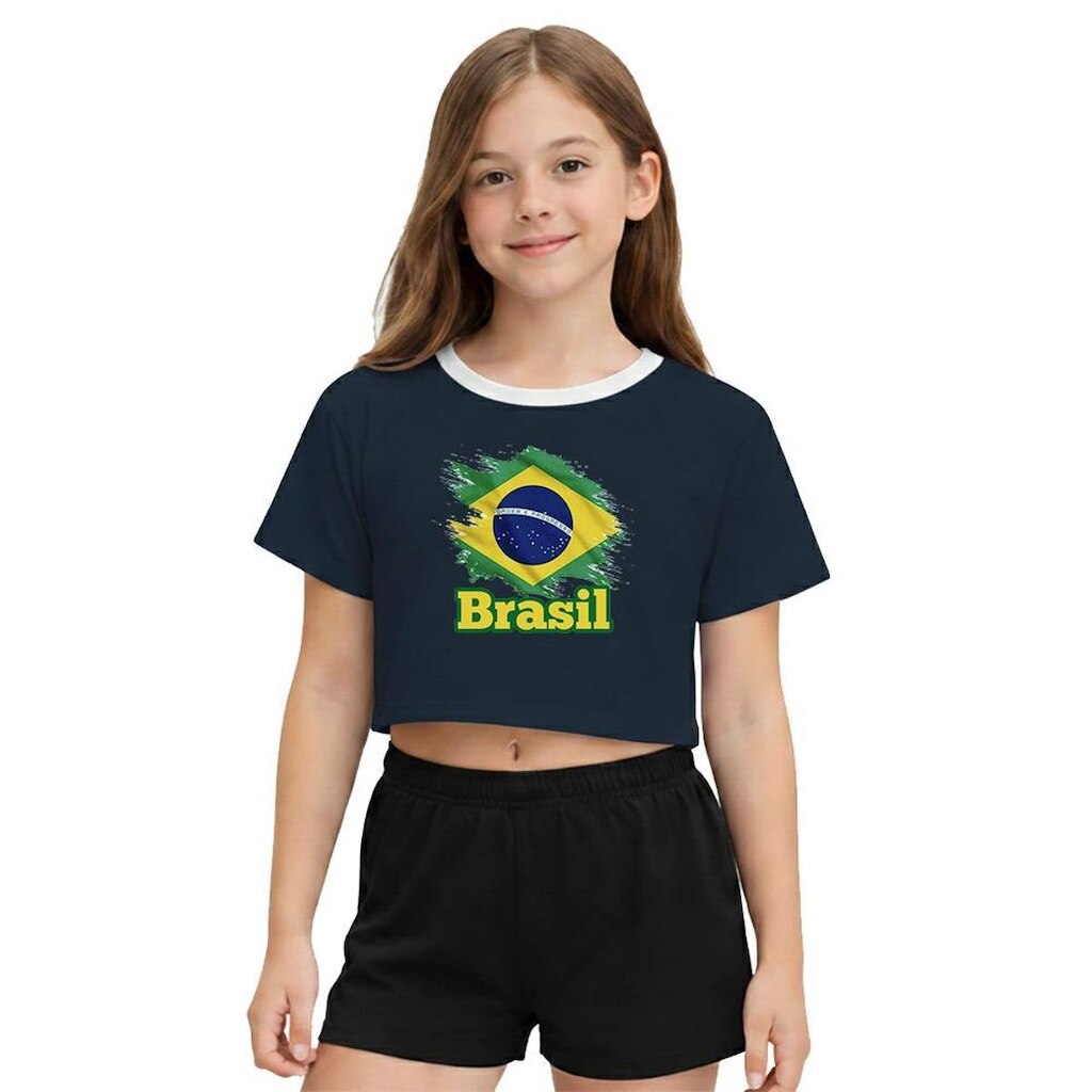 Camiseta Cropped Juvenil Look Jeans Bandeira Brasil - 6 - MARINHO