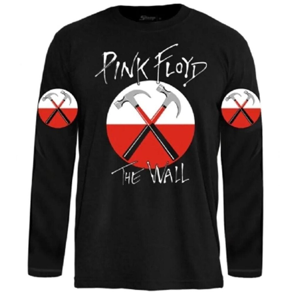 Camiseta de Banda Pink Floyd em Algodão Manga Longa Gola Redonda