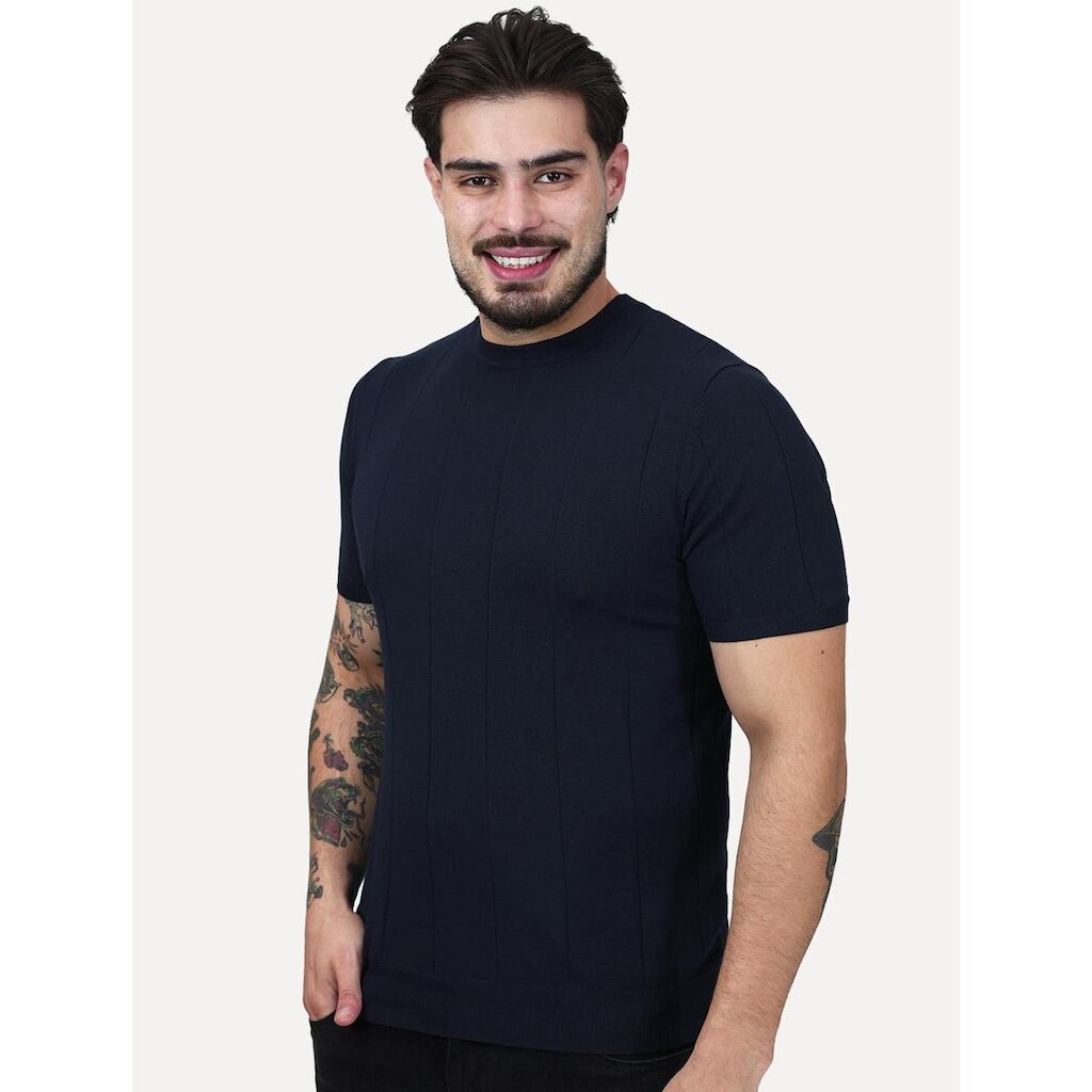 Camiseta Dixen Masculina Tricot Friso Manga Curta Stripes Gola Careca Azul Marinho