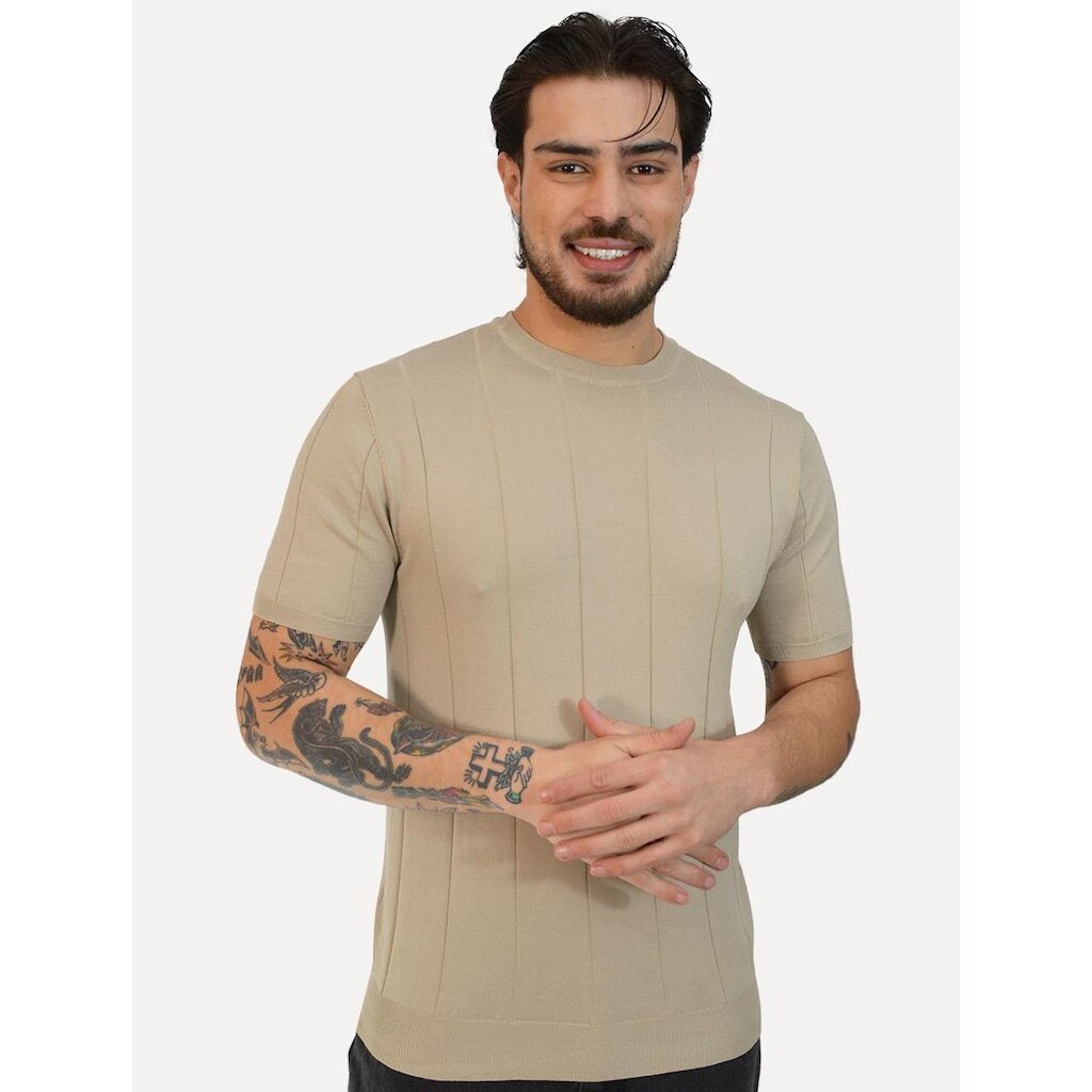 Camiseta Dixen Masculina Tricot Manga Curta Friso Vertical Gola Careca Areia