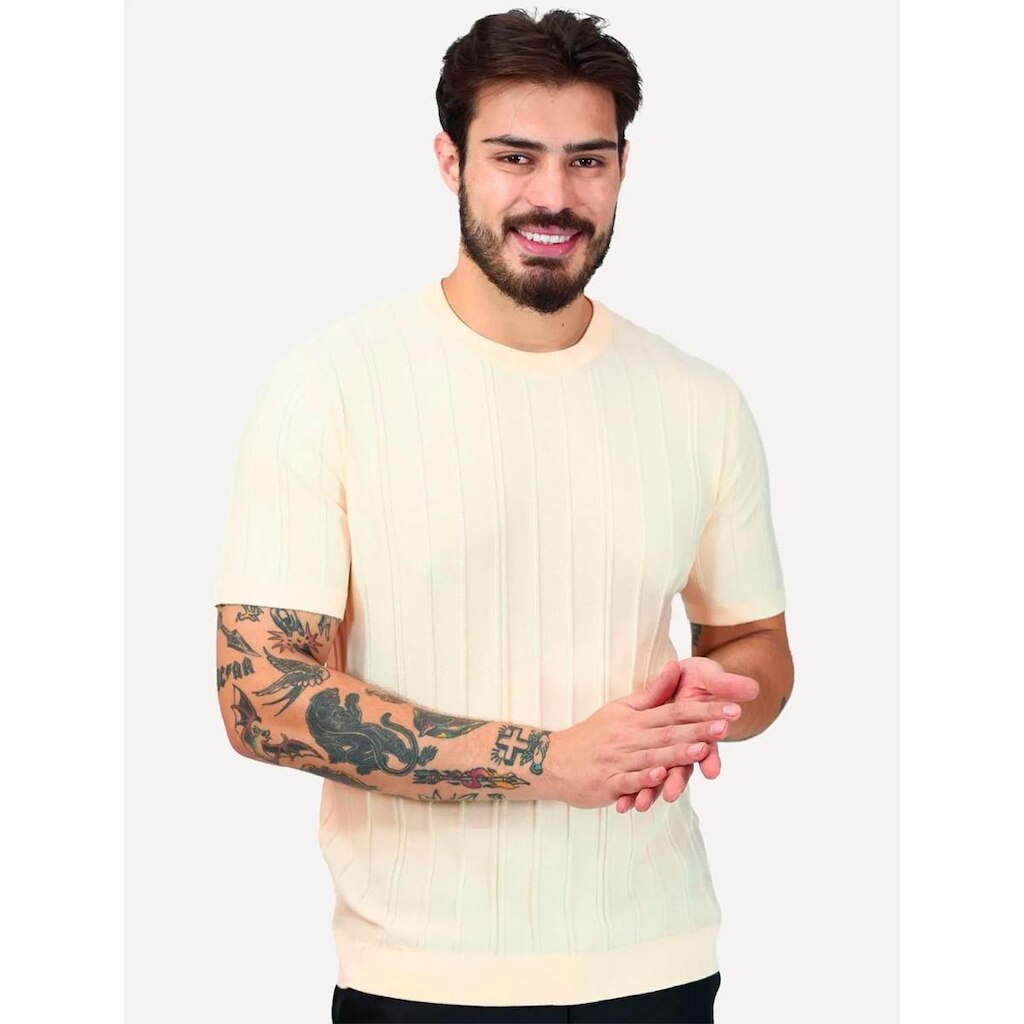 Camiseta Dixen Masculina Tricot Manga Curta Gola Careca Grande Textura Vertical Cinza