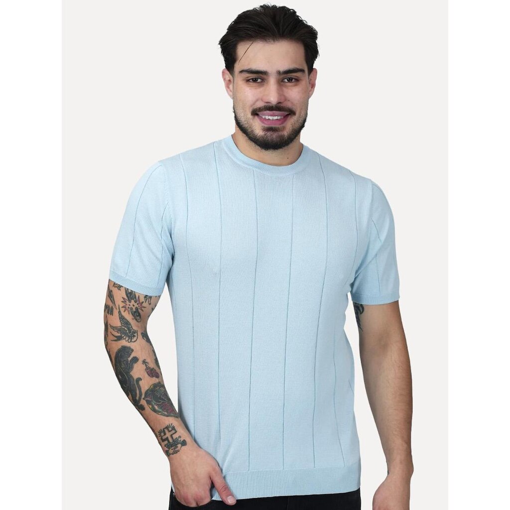Camiseta Dixen Masculina Tricot Manga Curta Stripes Gola Careca Azul