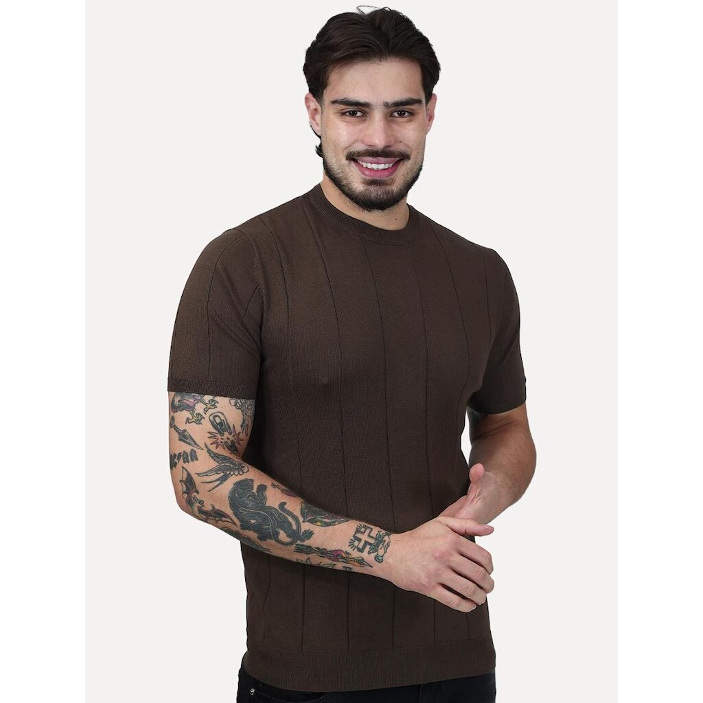 Camiseta Dixen Masculina Tricot Manga Curta Stripes Gola Careca Marrom