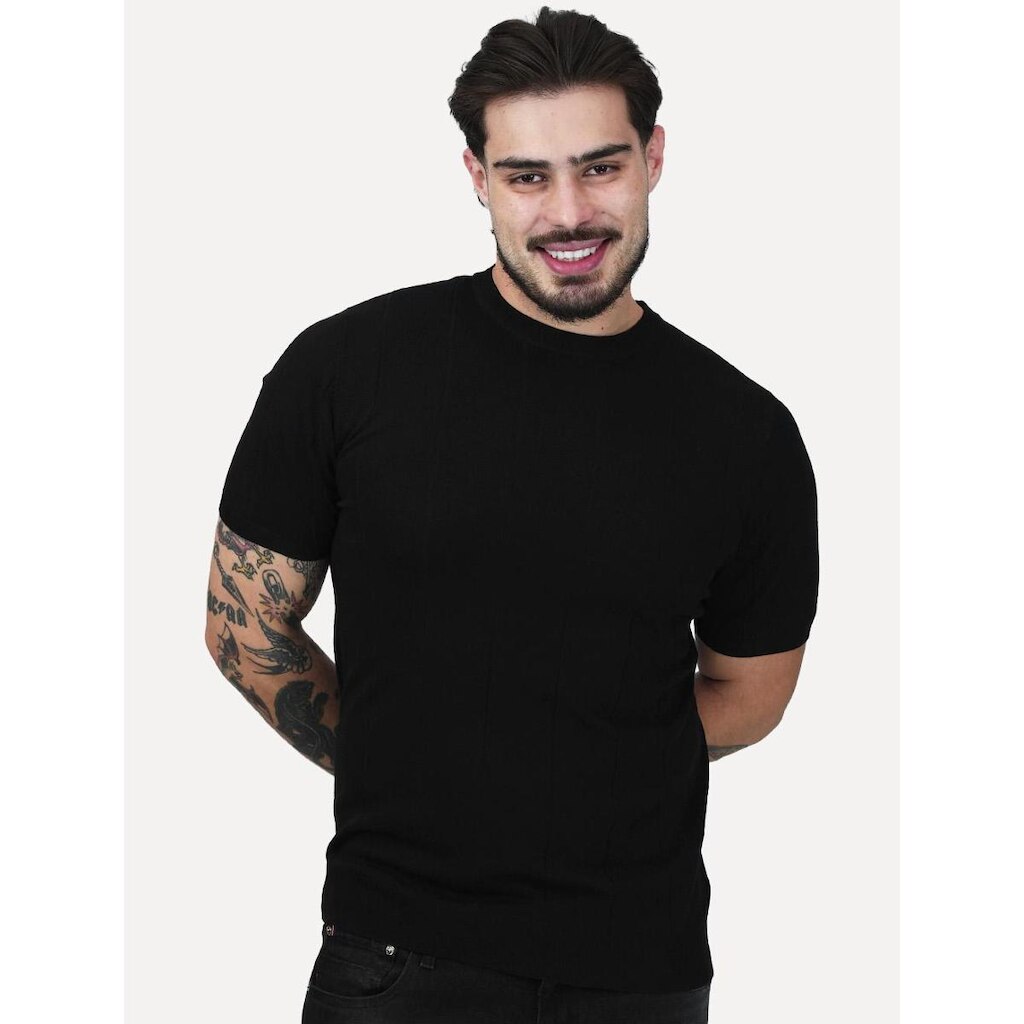 Camiseta Dixen Masculina Tricot Manga Curta Stripes Gola Careca Preta