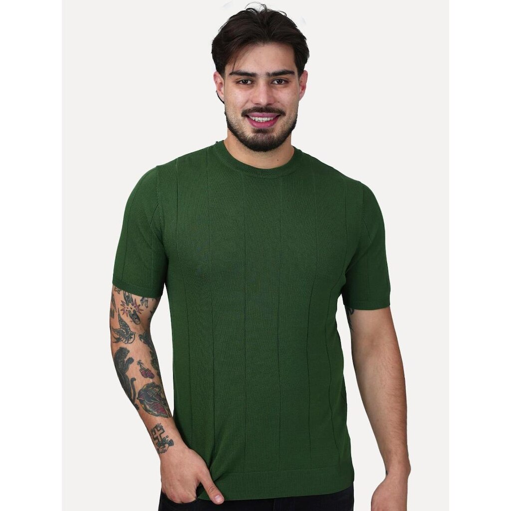 Camiseta Dixen Masculina Tricot Manga Curta Stripes Gola Careca Verde
