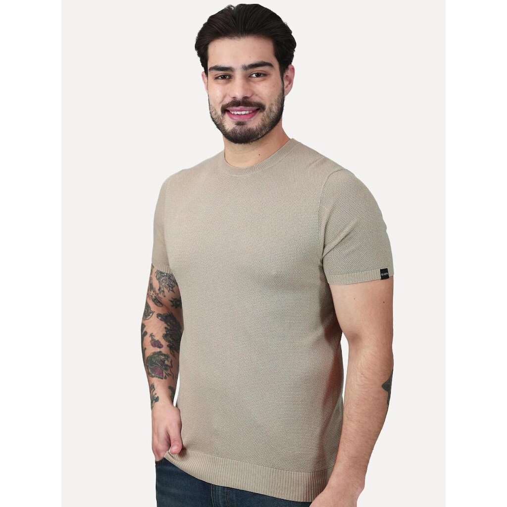Camiseta Dixen Masculina Tricot Manga Curta Textura Pontilhada Gola Careca Areia