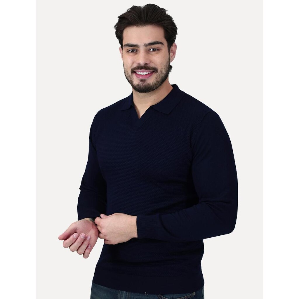 Camiseta Dixen Masculina Tricot Manga Longa Jacquard Seamless Azul Marinho