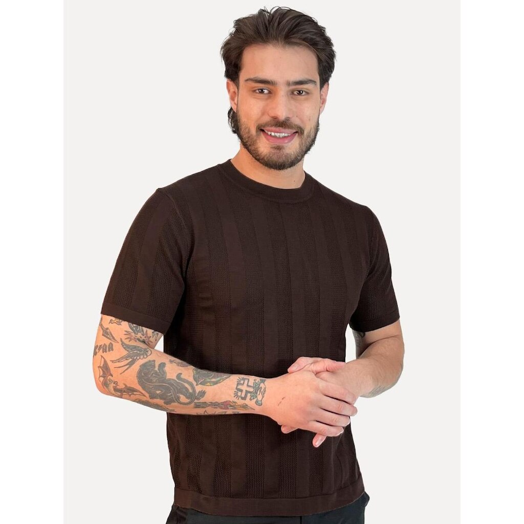 Camiseta Dixen Masculina Tricot Vertical Manga Curta Gola Careca Marrom