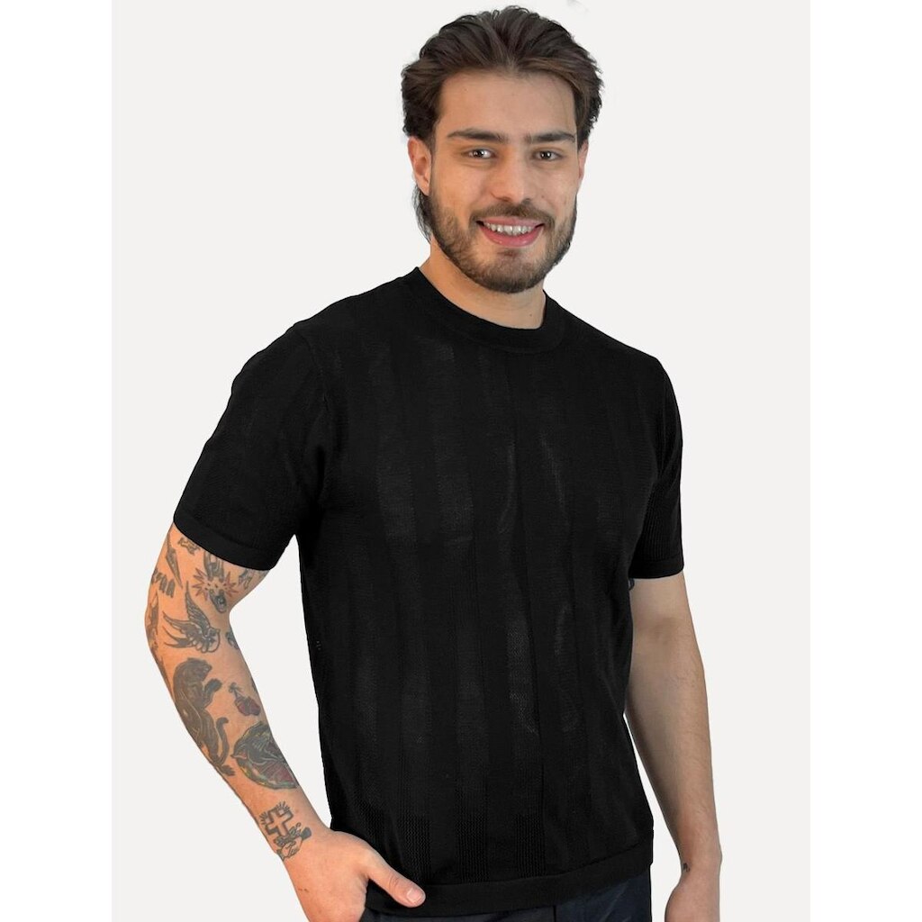 Camiseta Dixen Masculina Tricot Vertical Manga Curta Gola Careca Preto