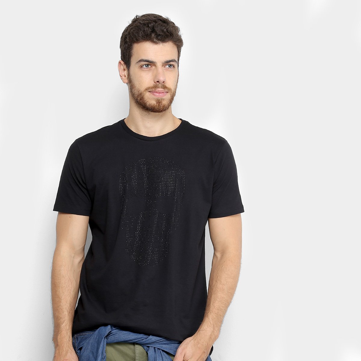 Camiseta Ellus Estampada com Brilho Caveira Masculina - Preto Menor preço em Camiseta Ellus Estampada com Brilho Caveira Masculina - Preto
