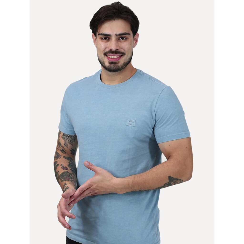 Camiseta Ellus Masculina Cotton Washed Origin. Classic Azul Claro