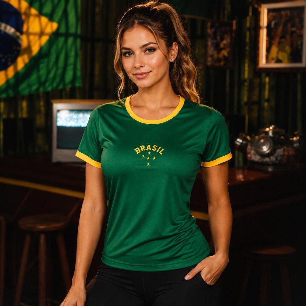 Camiseta Feminina Brasil Copa 2026Estilo Casual Tecido Premium Poliéster e Viscose