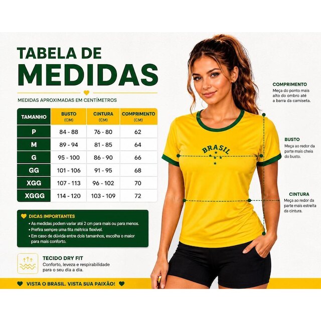 Camiseta Feminina Brasil Copa 2026Estilo Casual Tecido Premium Poliéster e Viscose