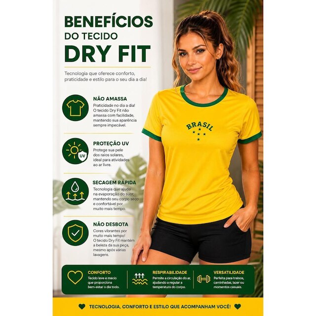 Camiseta Feminina Brasil Copa 2026Estilo Casual Tecido Premium Poliéster e Viscose