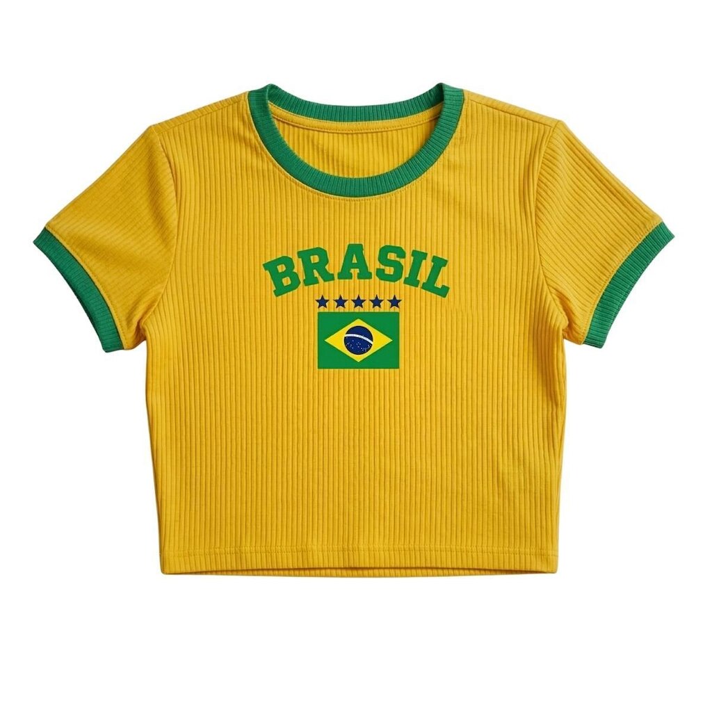 Camiseta Feminina Brasil Estampada Ribana Bandeira Cropped Copa