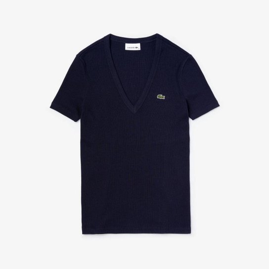 Camiseta feminina em algodão premium com decote em V - Azul Navy
