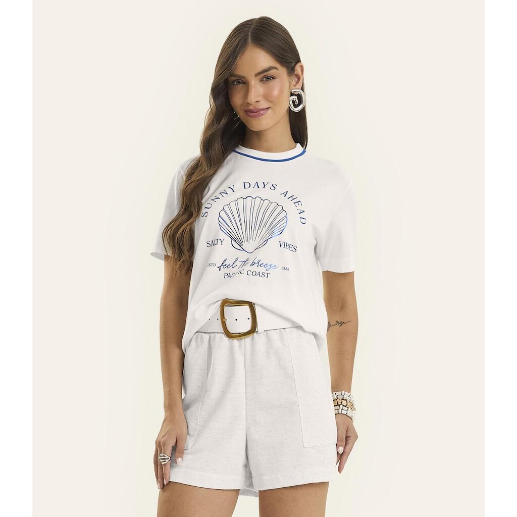 Camiseta Feminina Estampada Meia Malha Rovitex Bege