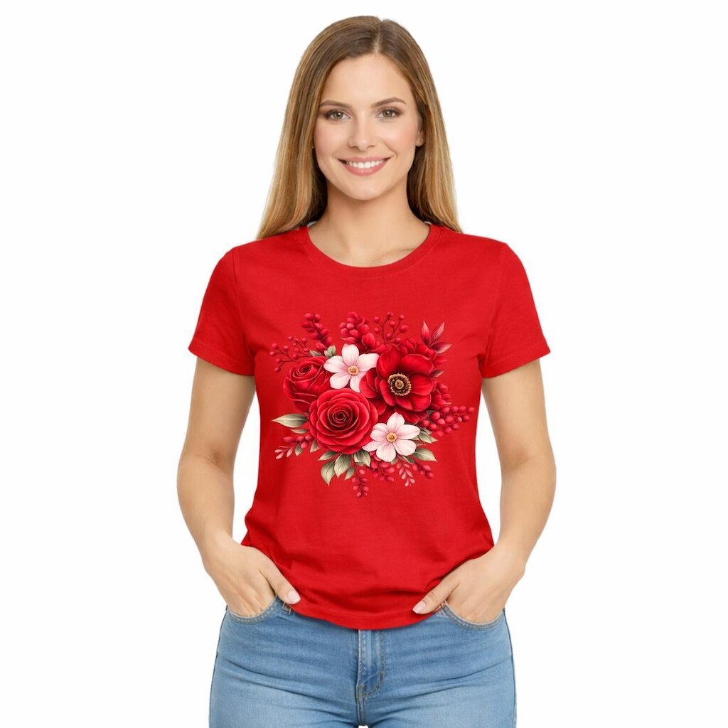 Camiseta Feminina Estampada Rosa Flores Vermelhas Premium