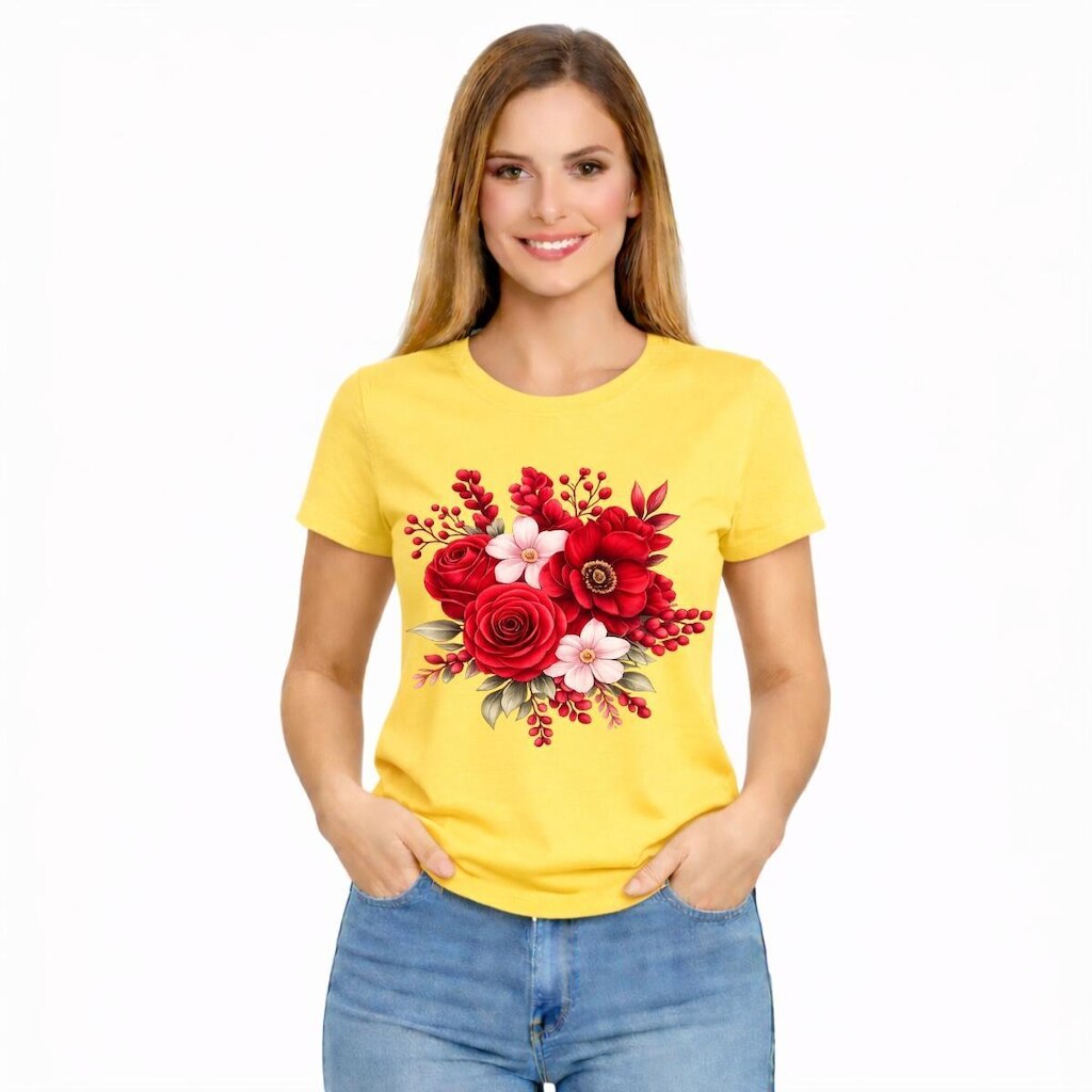 Camiseta Feminina Estampada Rosa Flores Vermelhas Premium