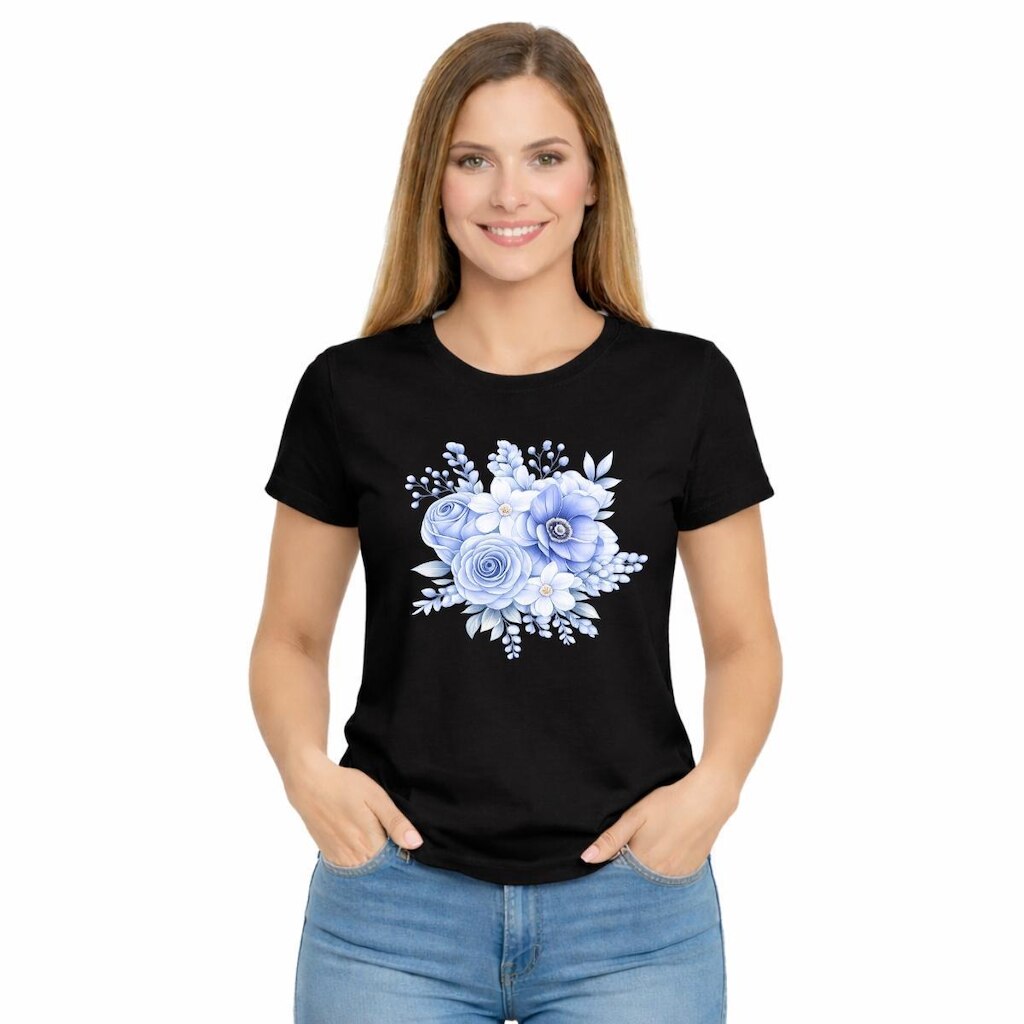 Camiseta Feminina Flores Azuis Estampa Delicada Elegante