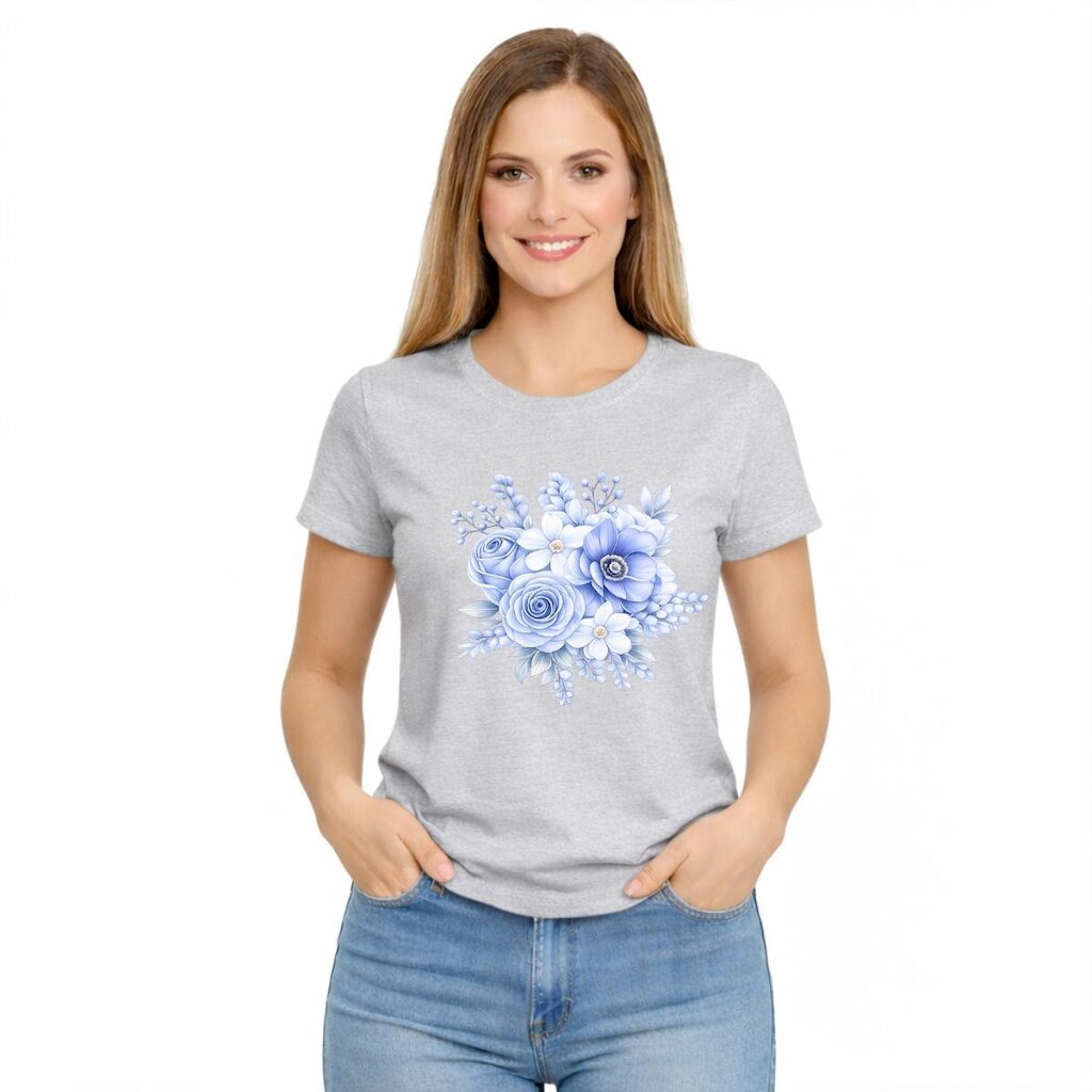 Camiseta Feminina Flores Azuis Estampa Delicada Elegante