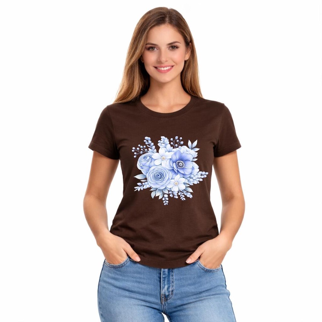 Camiseta Feminina Flores Azuis Estampa Delicada Elegante