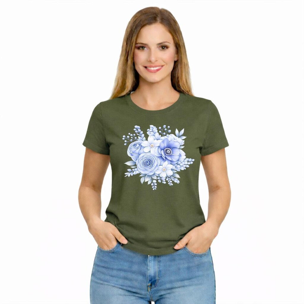 Camiseta Feminina Flores Azuis Estampa Delicada Elegante