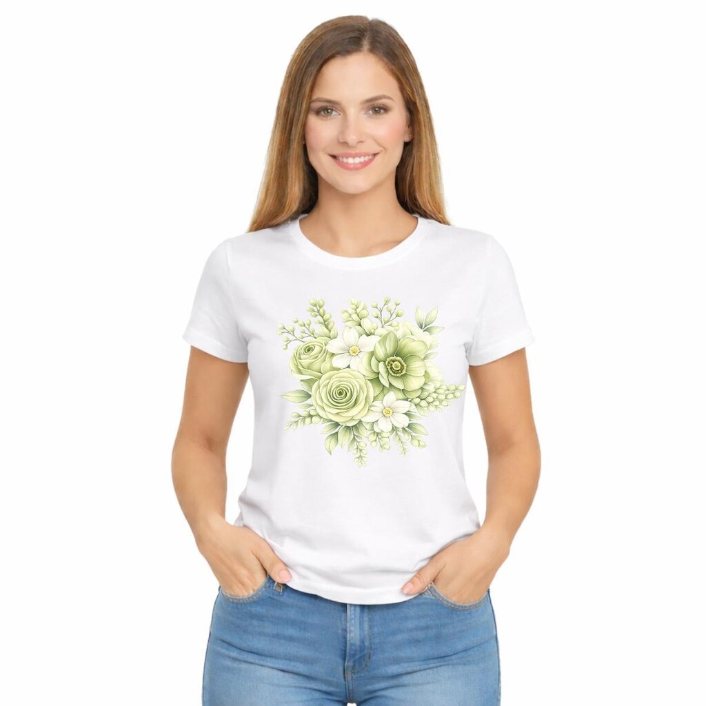 Camiseta Feminina Flores Verde Estampa Delicada Moderna