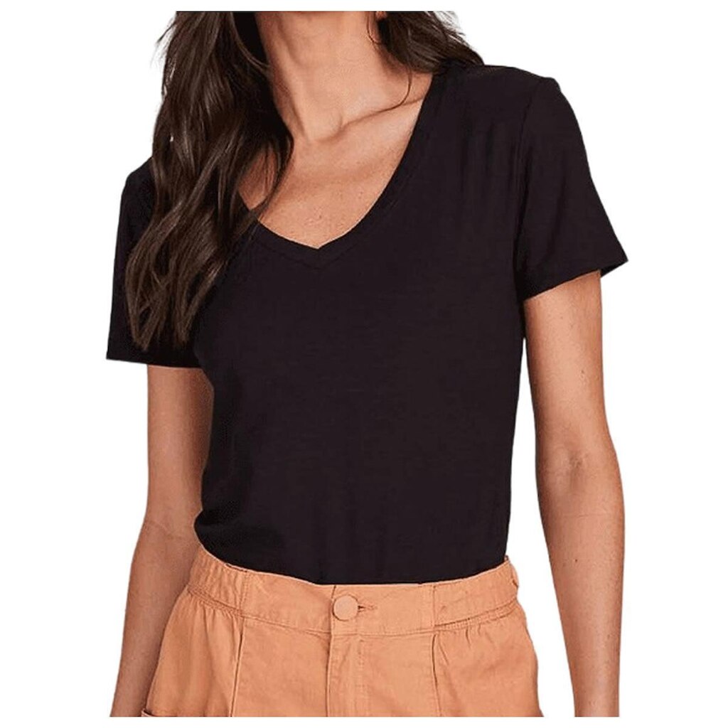 Camiseta Feminina Lado Avesso MC Decote V Preta - L12540