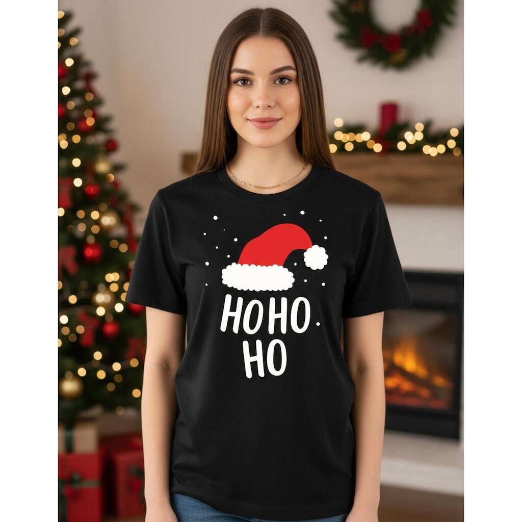 Camiseta Feminina Manga Curta em Algodão Leve Básica Hohoho Papai Noel