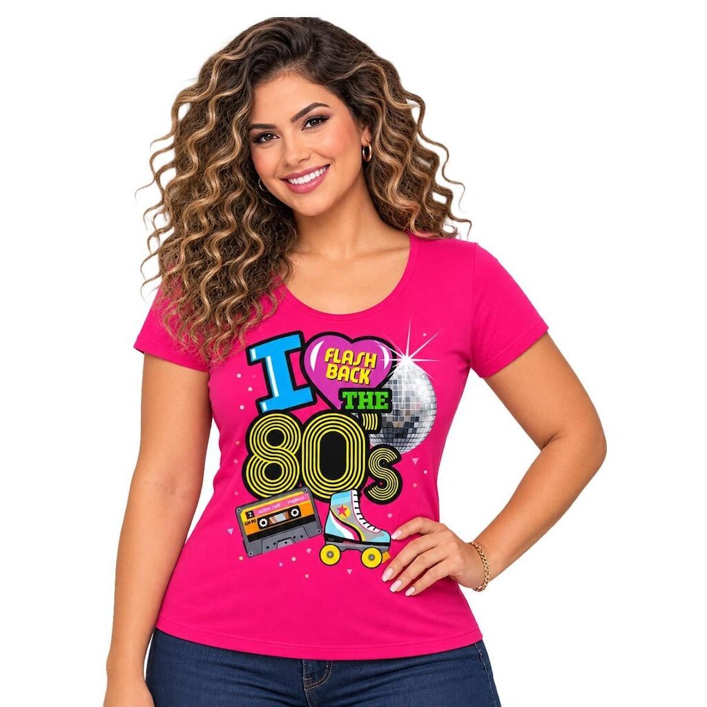 Camiseta Feminina Manga Curta Flashback Anos 80 Pink