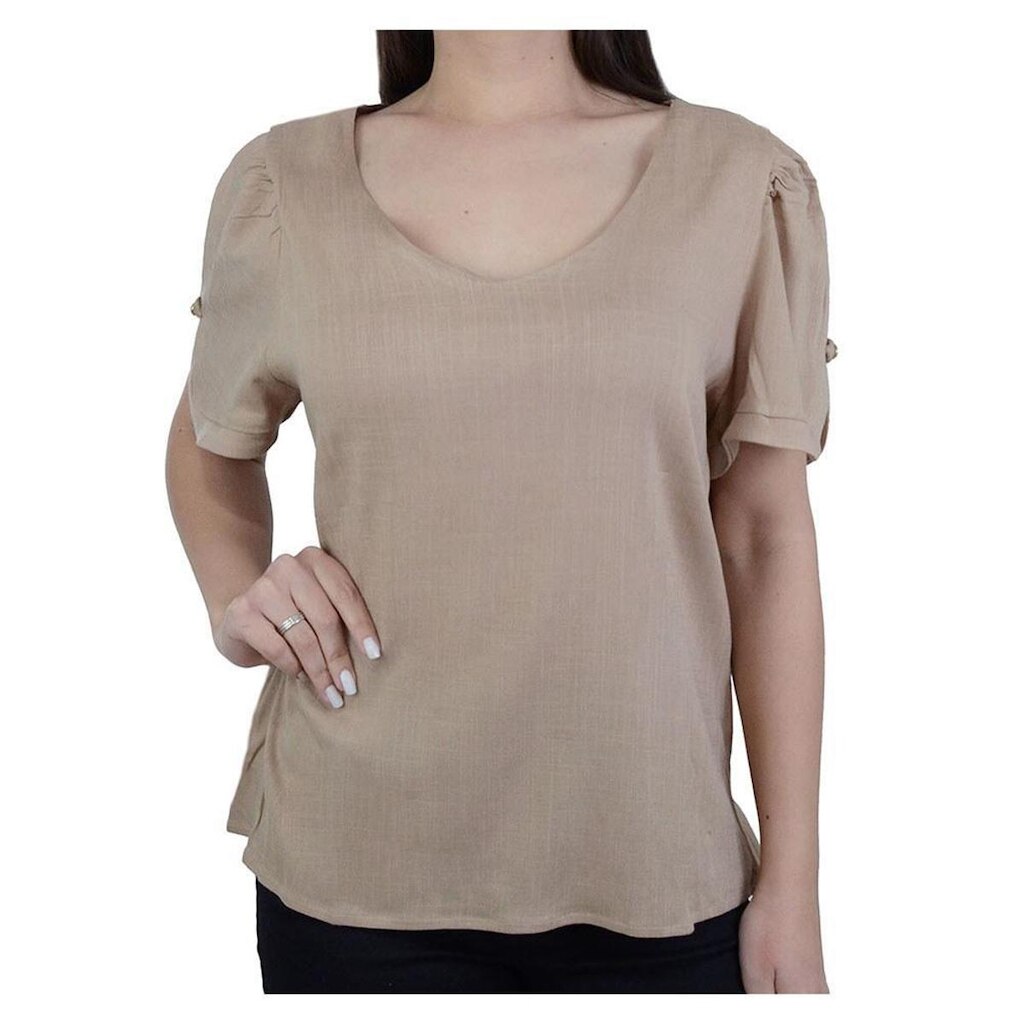 Camiseta Feminina Parado no Ar Plus Size Linho Bege - 85111
