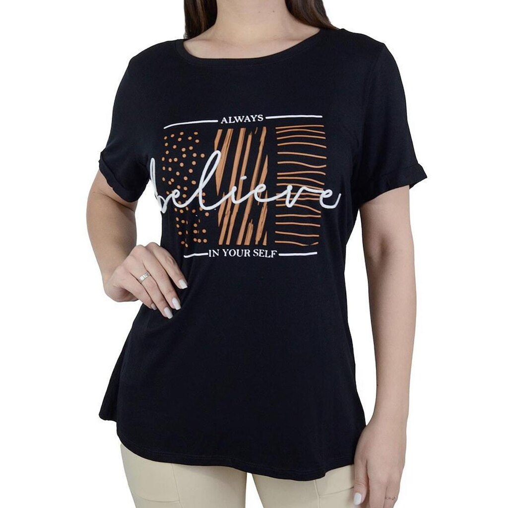 Camiseta Feminina Parado no Ar Viscose Believe Preta - 8511