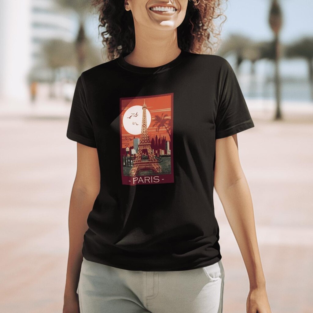 Camiseta Feminina Preta T-shirt Algodão Estampada Casual Paris