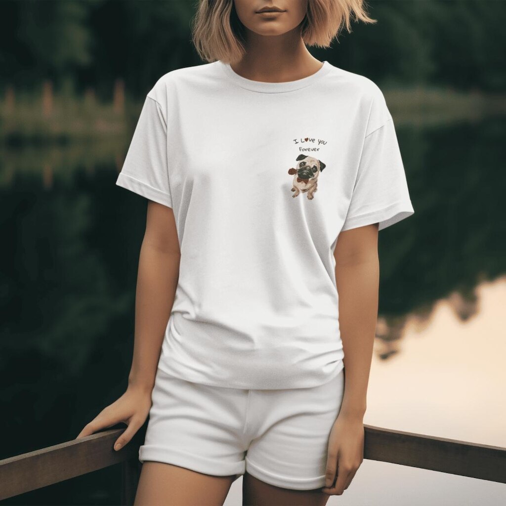 Camiseta Feminina Pug T-shirt Algodão Estampada Casual Branca