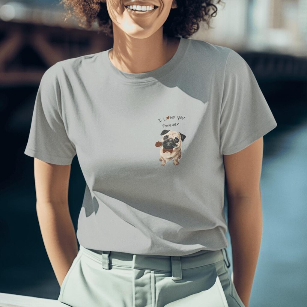 Camiseta Feminina Pug T-shirt Cinza Algodão Estampada Casual