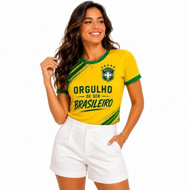 Camiseta Feminina T Shirt Basil Comemorativa Orgulho de ser Brasileiro