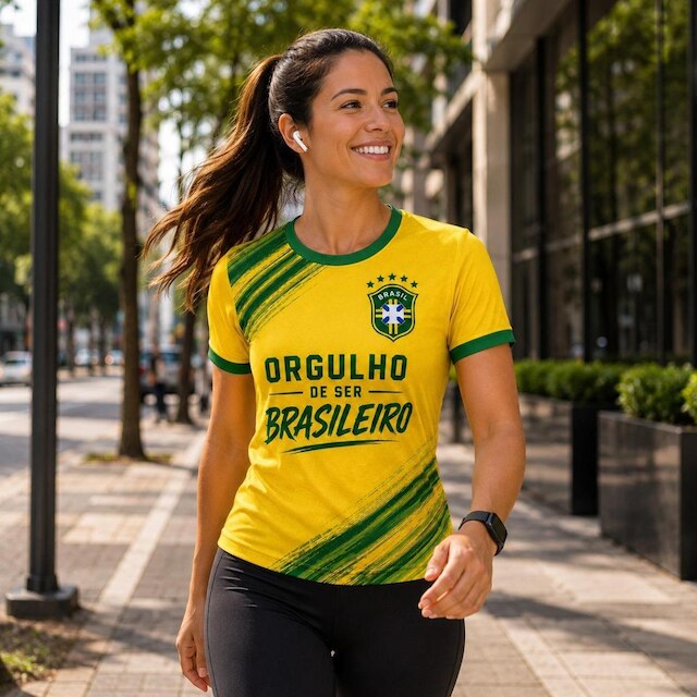Camiseta Feminina T Shirt Basil Comemorativa Orgulho de ser Brasileiro