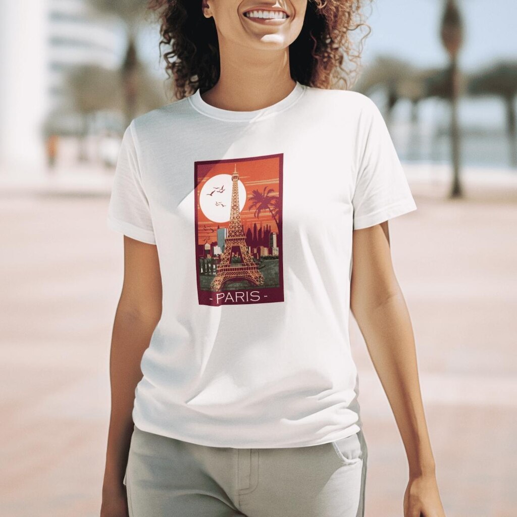 Camiseta Feminina T-shirt Em Algodão Branca Estampada Paris