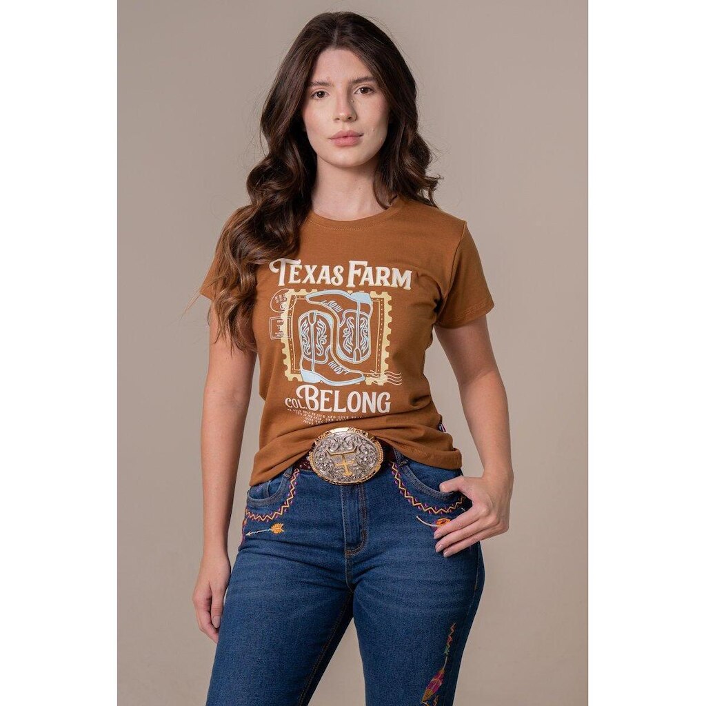 CAMISETA FEMININA TEXAS FARM - STAMP - CF374 - MARROM CAPPUCCINO/ OFF WHITE