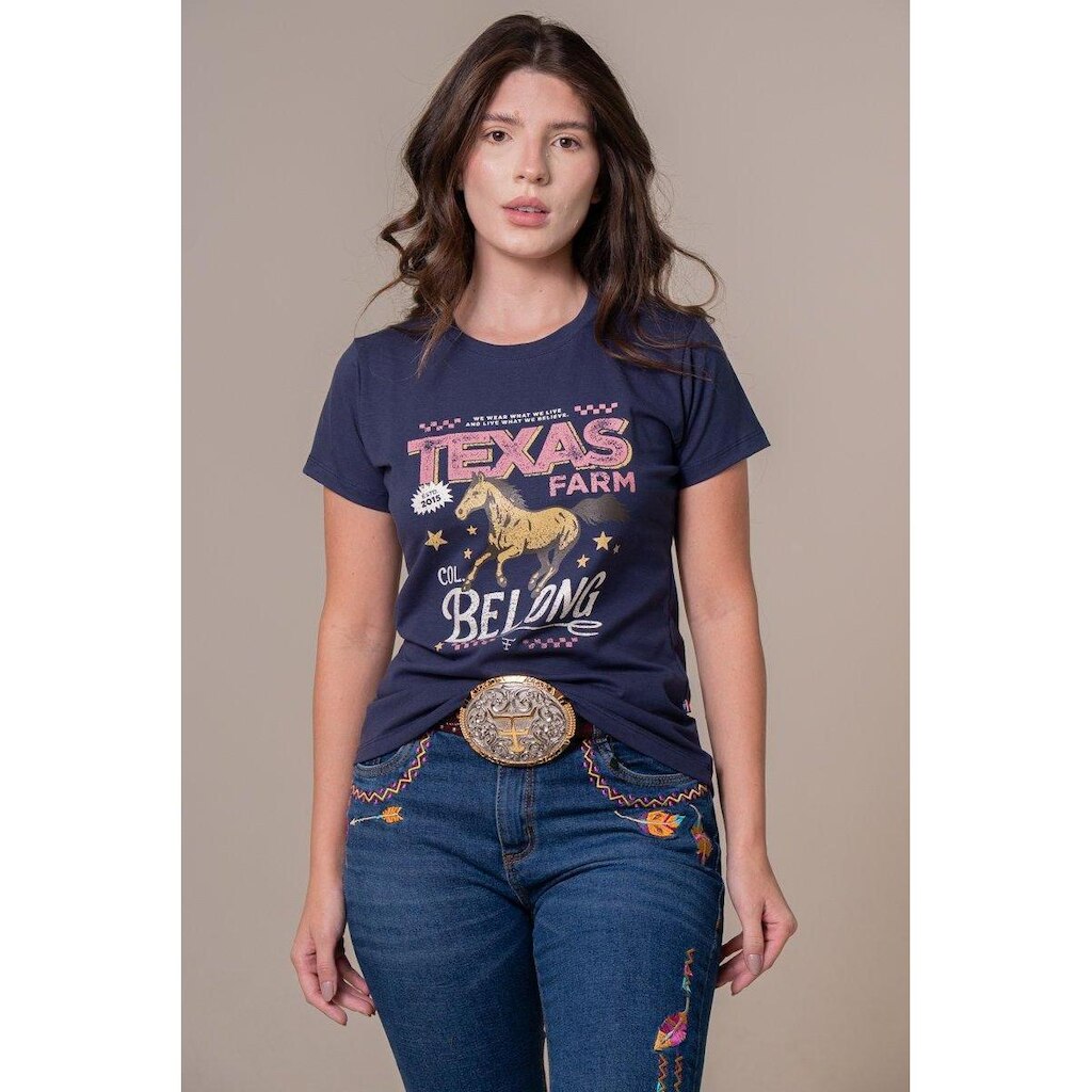CAMISETA FEMININA TEXAS FARM - STELLAR - CF368 - AZUL MARINHO/ ROSA